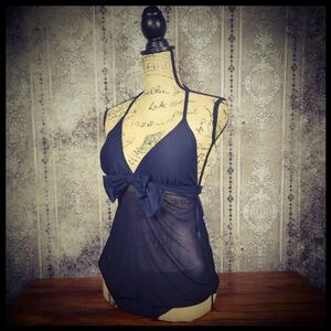 Black Smocked Waist Mesh Torso One Piece Bathing Suit